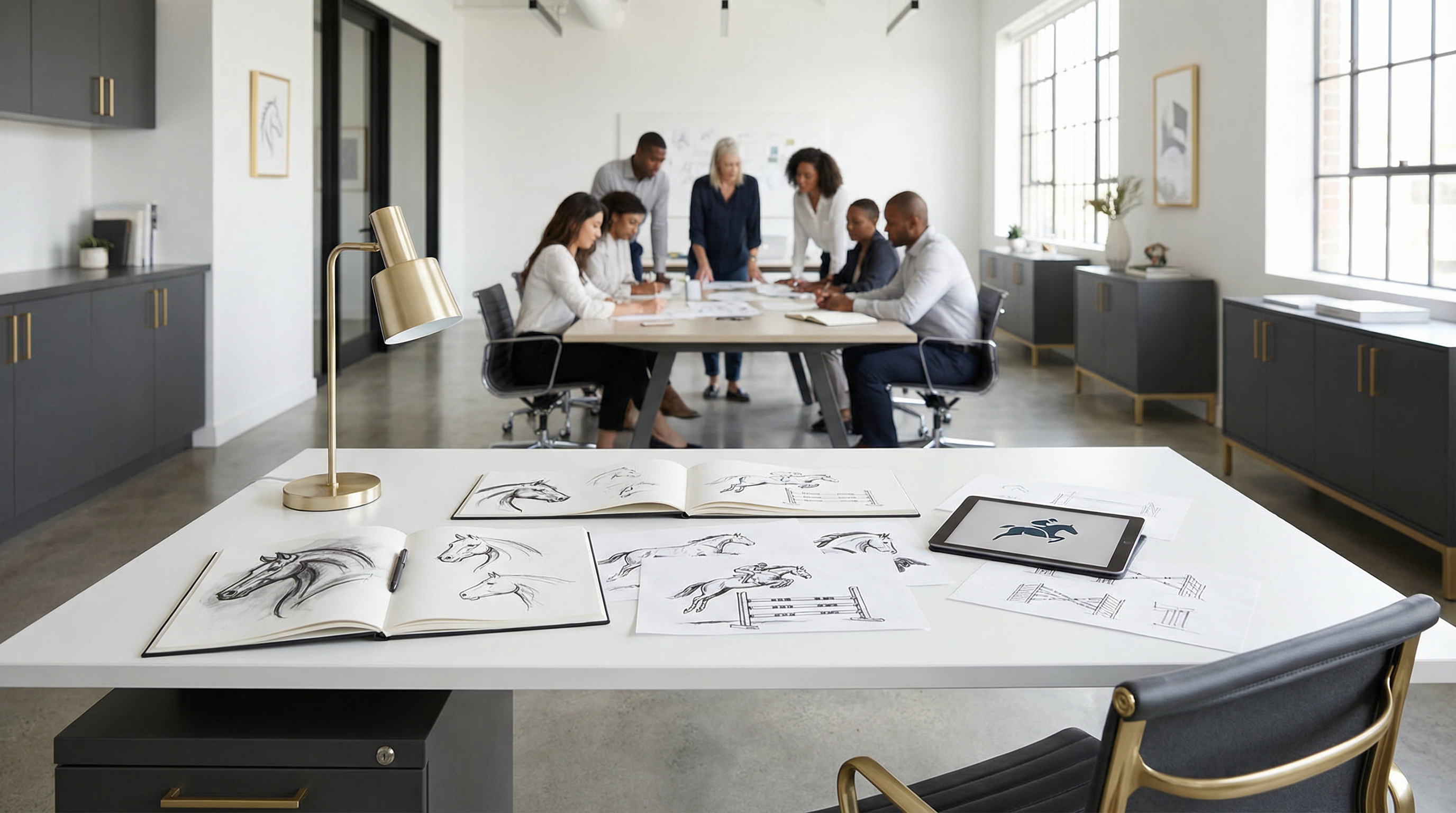 Professionelles Team bei der Besprechung von Branding-Entwürfen in einem modernen Büro mit Reitsport-Details